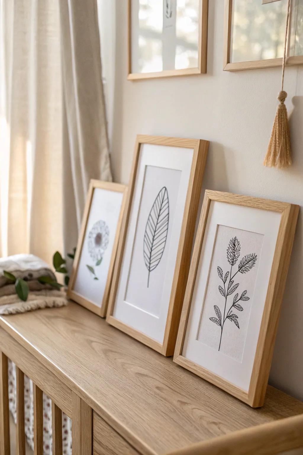 Matching oak frames + simple line art keep nursery walls calm, cohesive, and beautifully minimal.