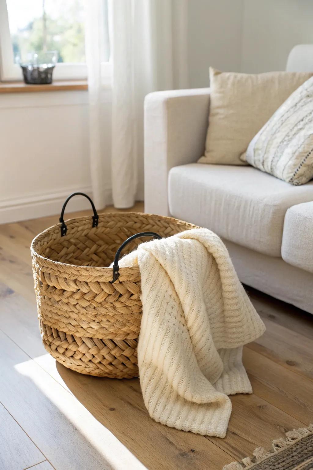 A handwoven wicker basket keeps blankets stylishly stashed—instant tidy for tiny homes.