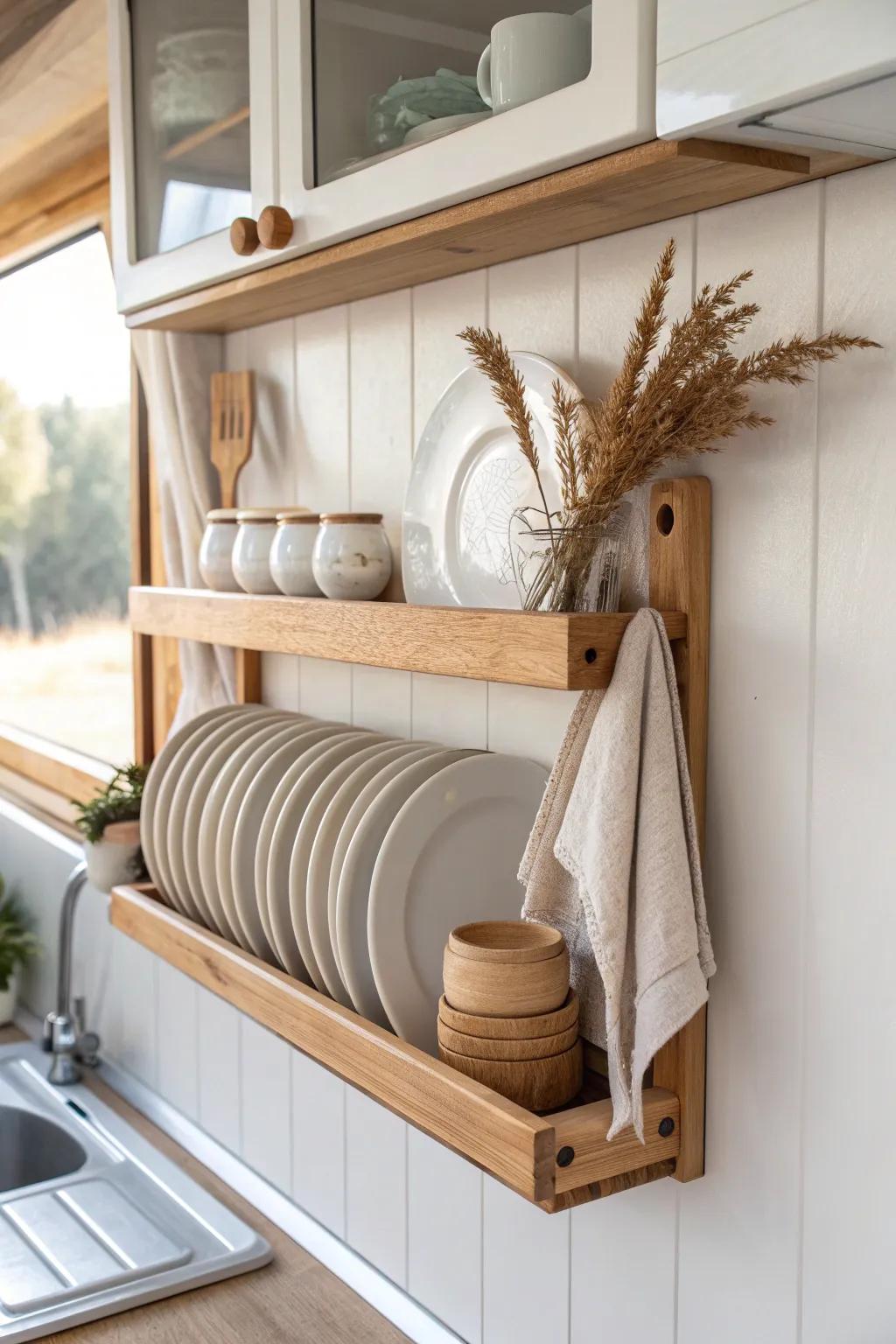 Swap bulky uppers for open shelves—light oak and matching dishes keep a tiny kitchen airy.