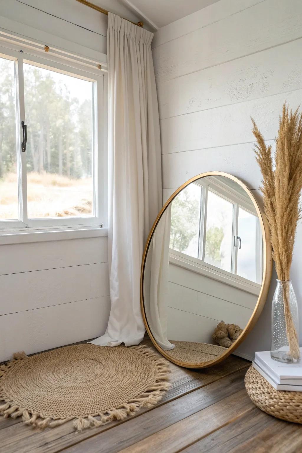 A large mirror opposite the window instantly doubles daylight in a small mobile home.