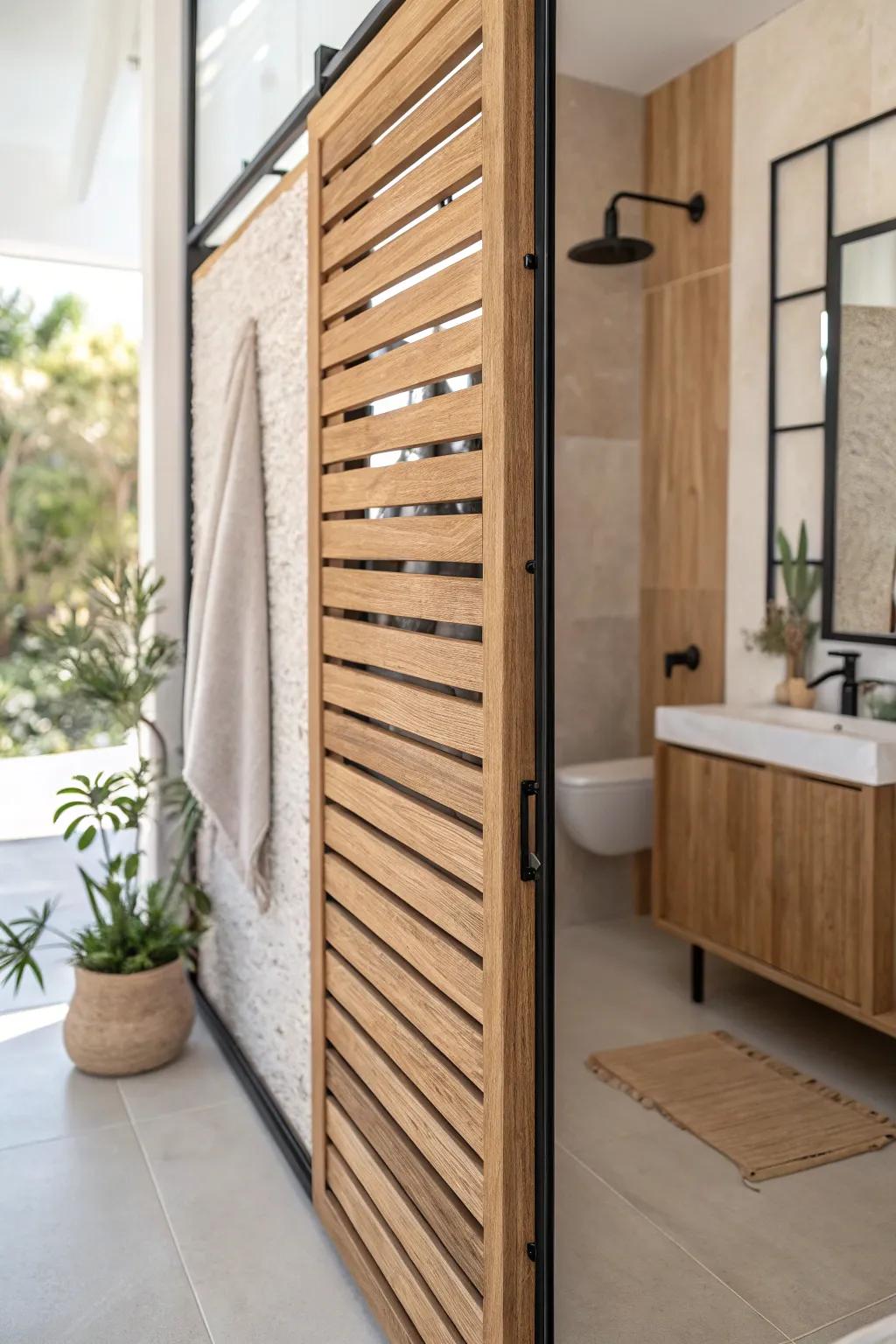 Slim oak slat divider defines a split wet-and-dry zone, making a tiny master bath feel serene