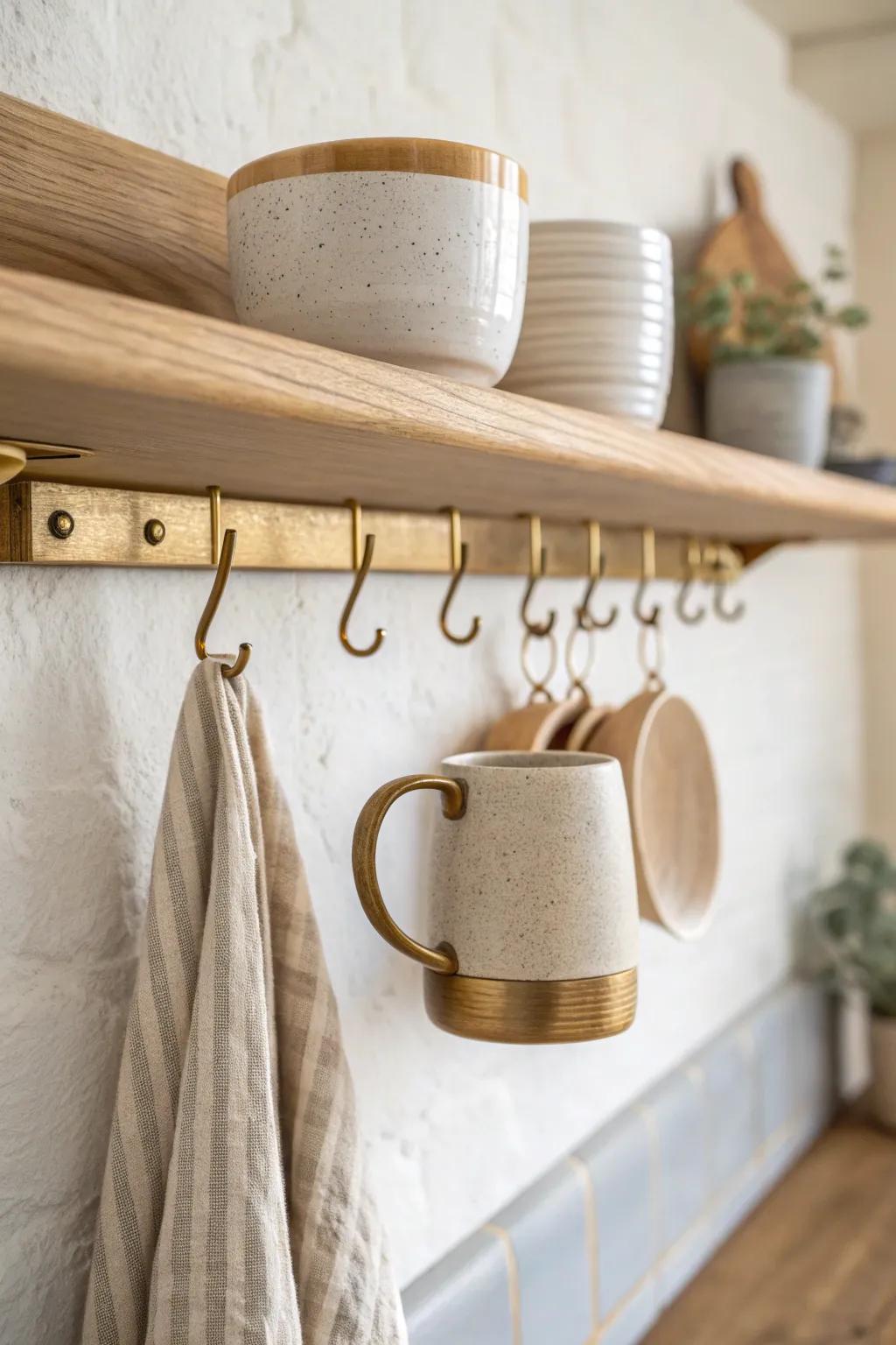 Under-shelf hooks add instant storage for mugs—no bulk, just calm, crafted style.