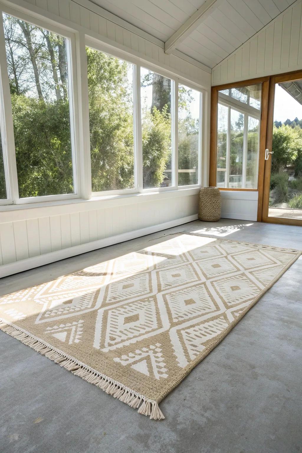 One oversized outdoor rug instantly defines your mobile home sunroom and adds cozy, indoor feel.