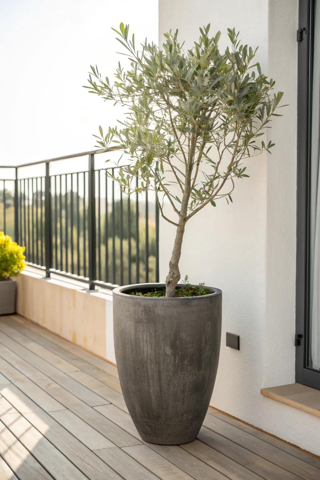 One oversized planter brings calm, modern balcony style—no clutter, just sculptural greenery.