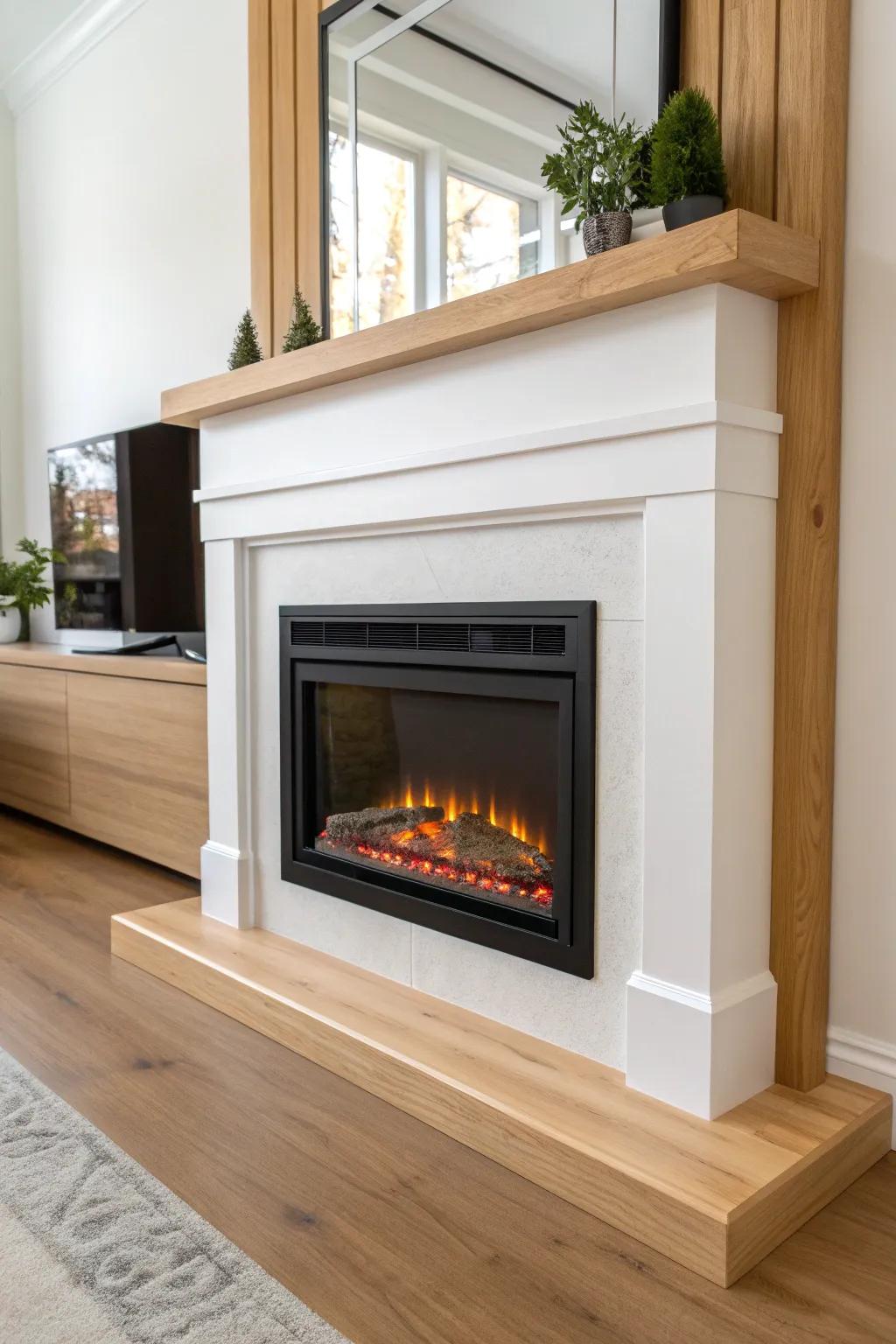 Renter-friendly faux built-in frame that makes an electric fireplace look custom and cozy.