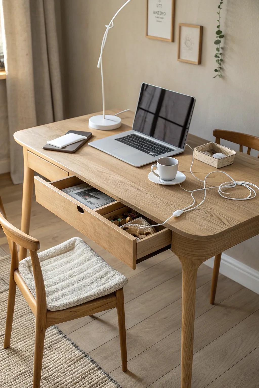 A sleek dining table that works double-duty—laptop-ready with a hidden charging drawer.