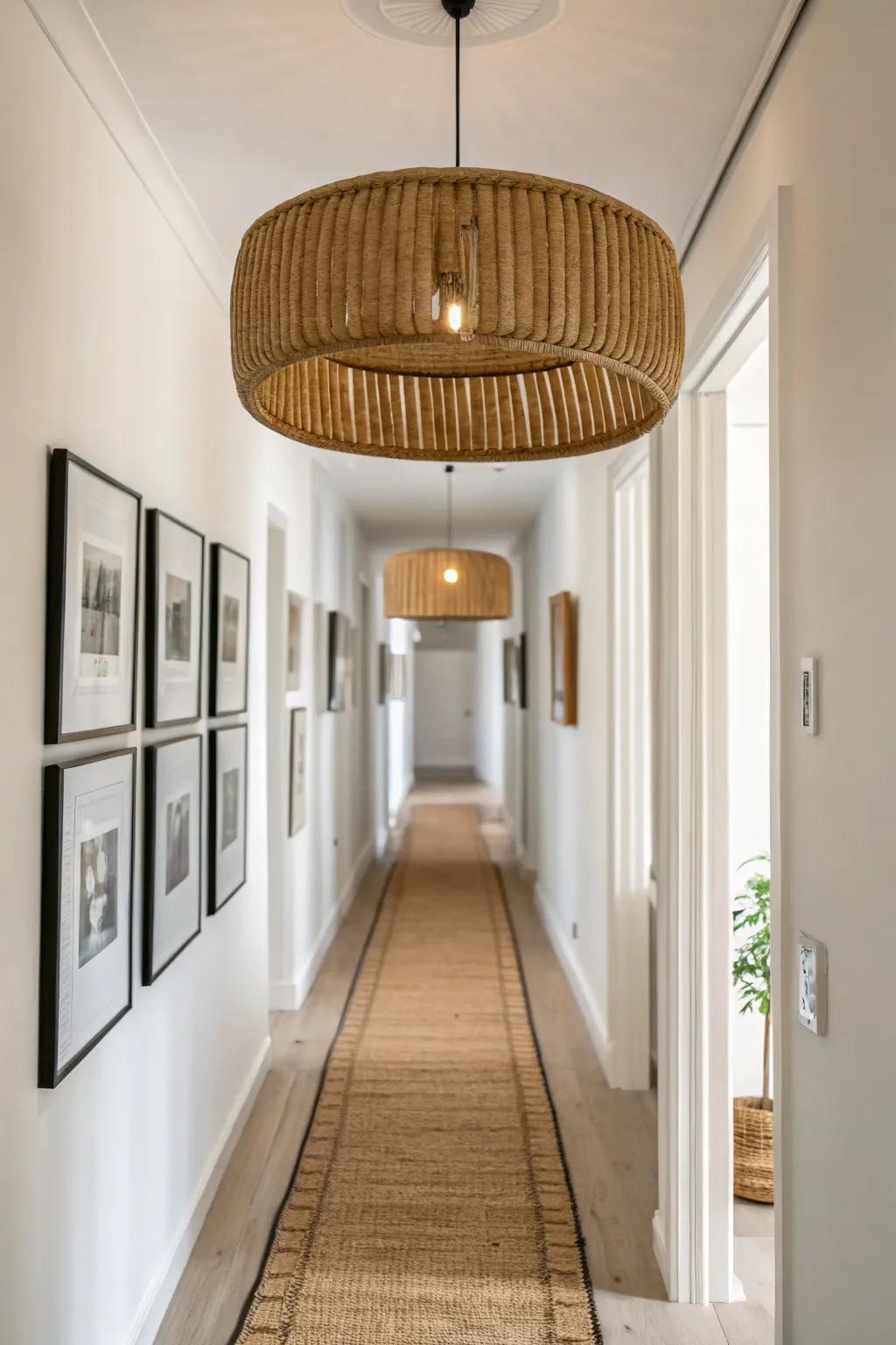 Repeating one sculptural ceiling light down the hall makes narrow corridors feel brighter and chic.