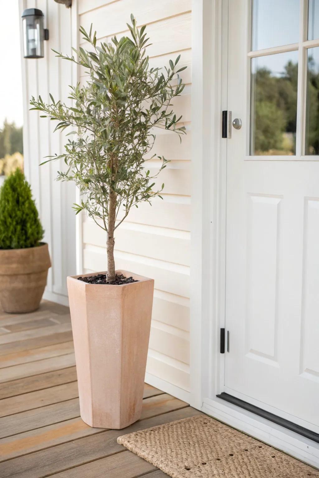 A tall, skinny planter adds height and a sleek modern feel without crowding a small porch.