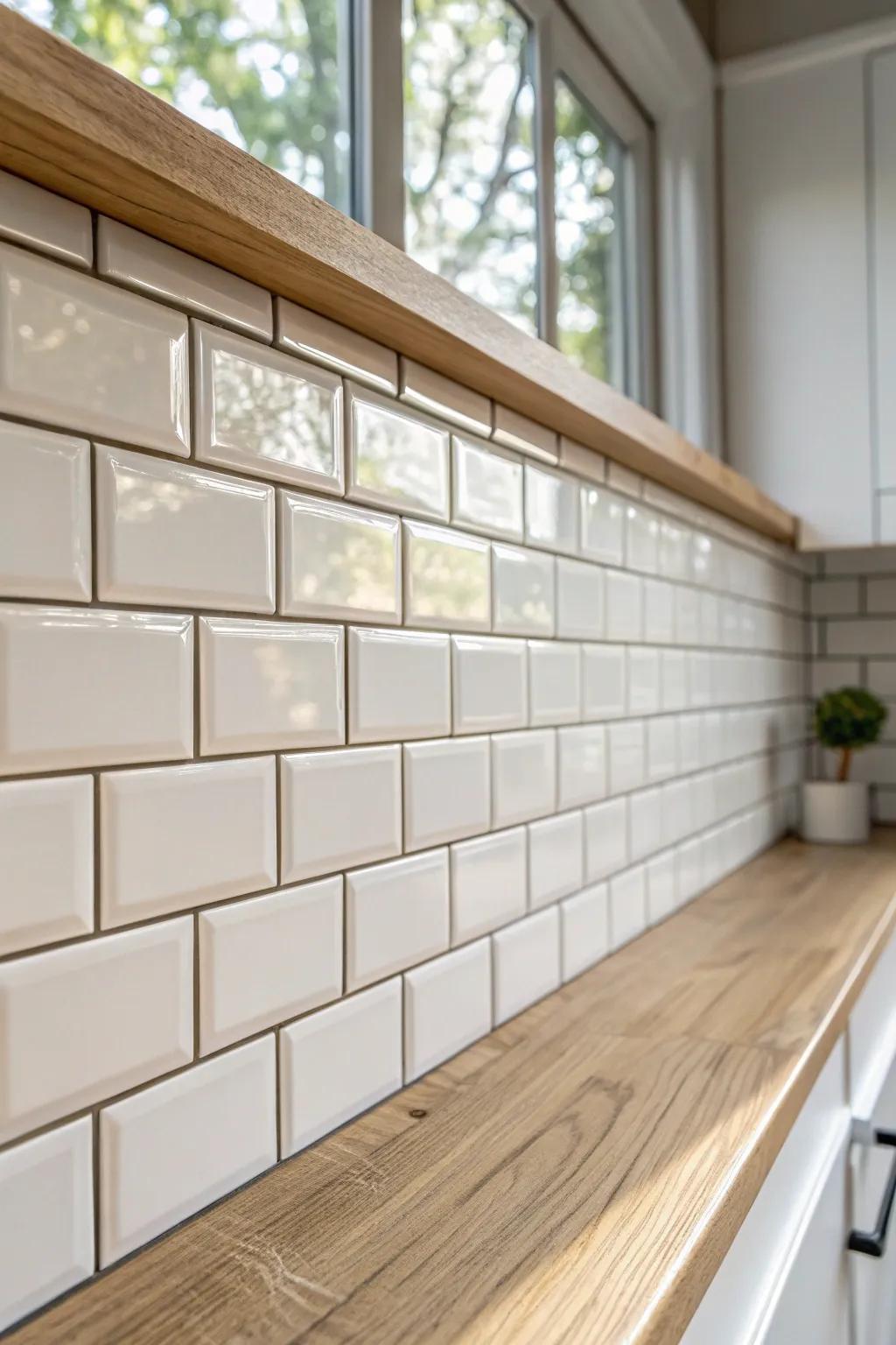 Horizontal subway tile lines make a tiny kitchen feel wider—clean, modern, timeless.