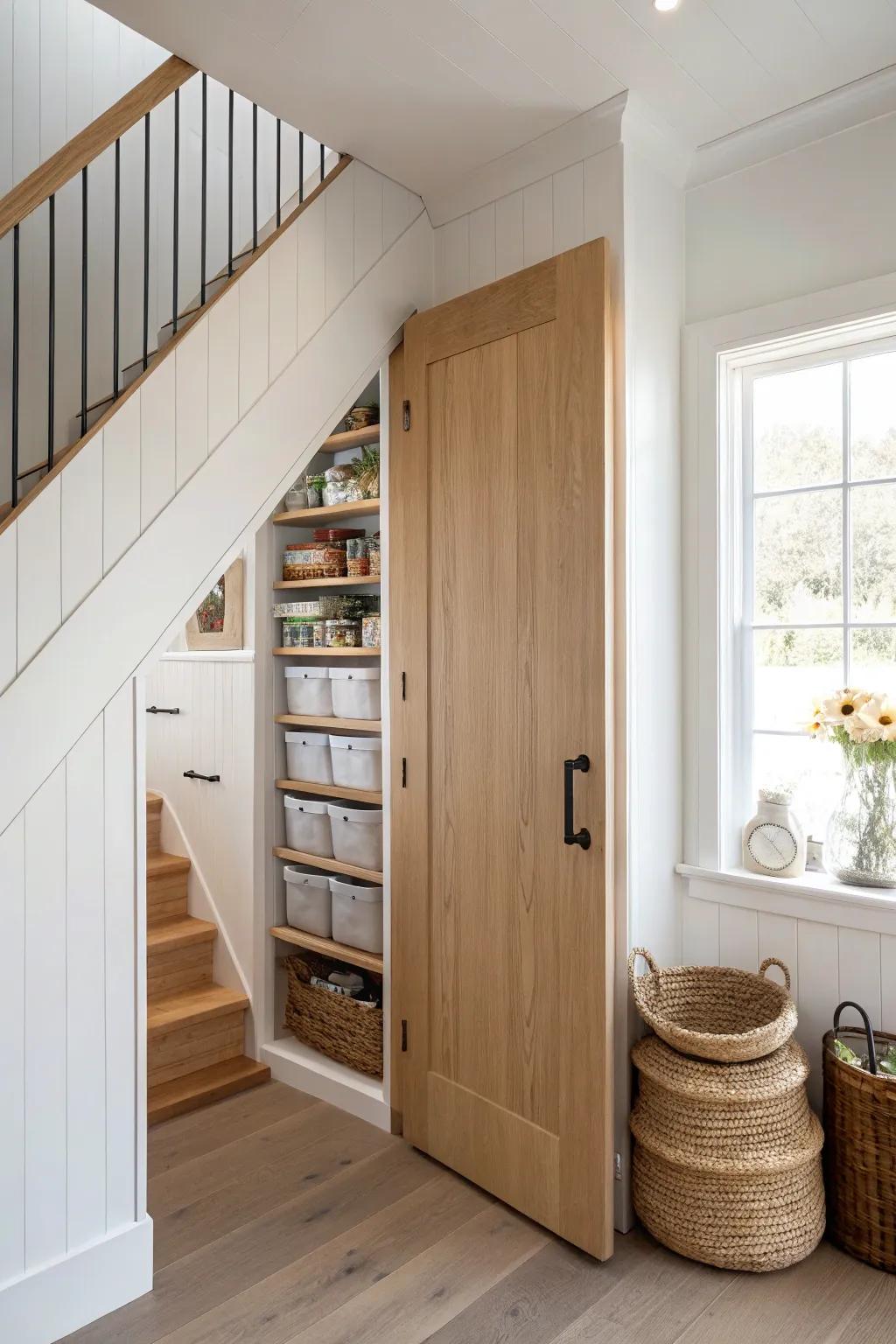 A sleek under-stairs pantry door that hides labeled bins—modern storage without clutter.
