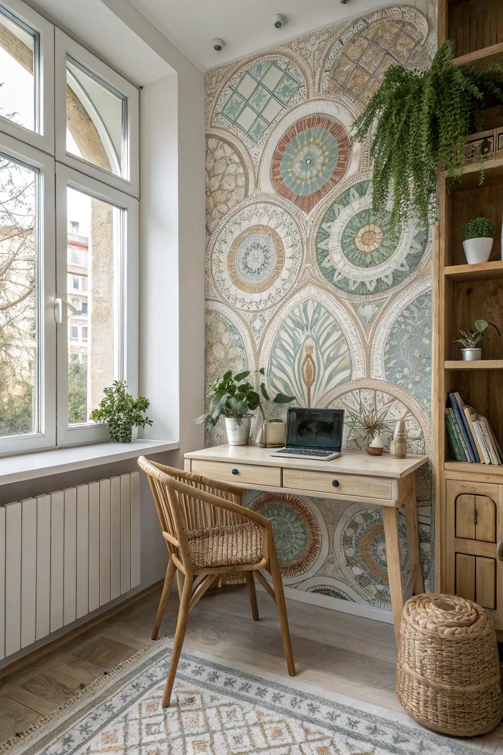 Elevate your study with a mosaic accent wall that whispers elegance and simplicity.