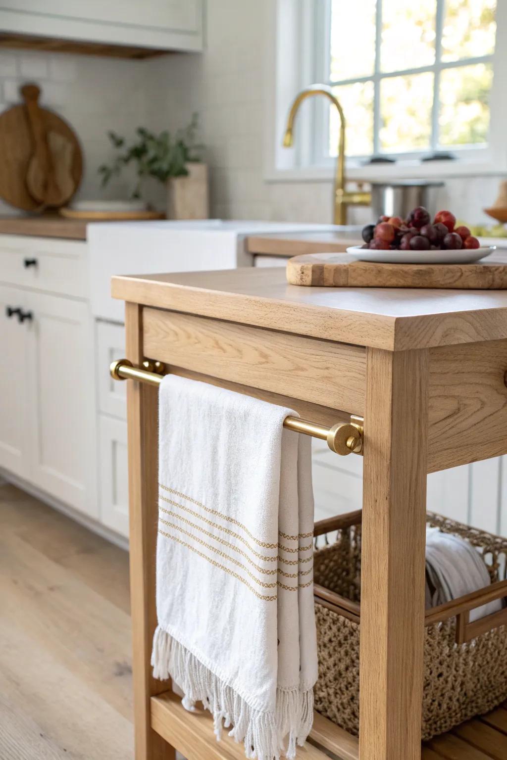 A side towel bar + hook rail keeps towels handy and instantly frees up drawer space.