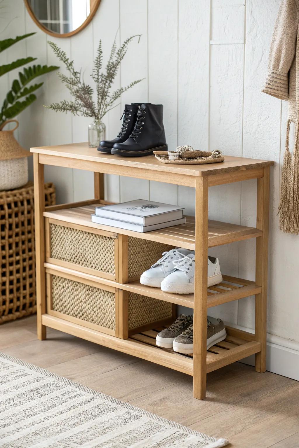 Adjustable shelves keep boots tall and sneakers tidy—perfect mudroom storage for small spaces.