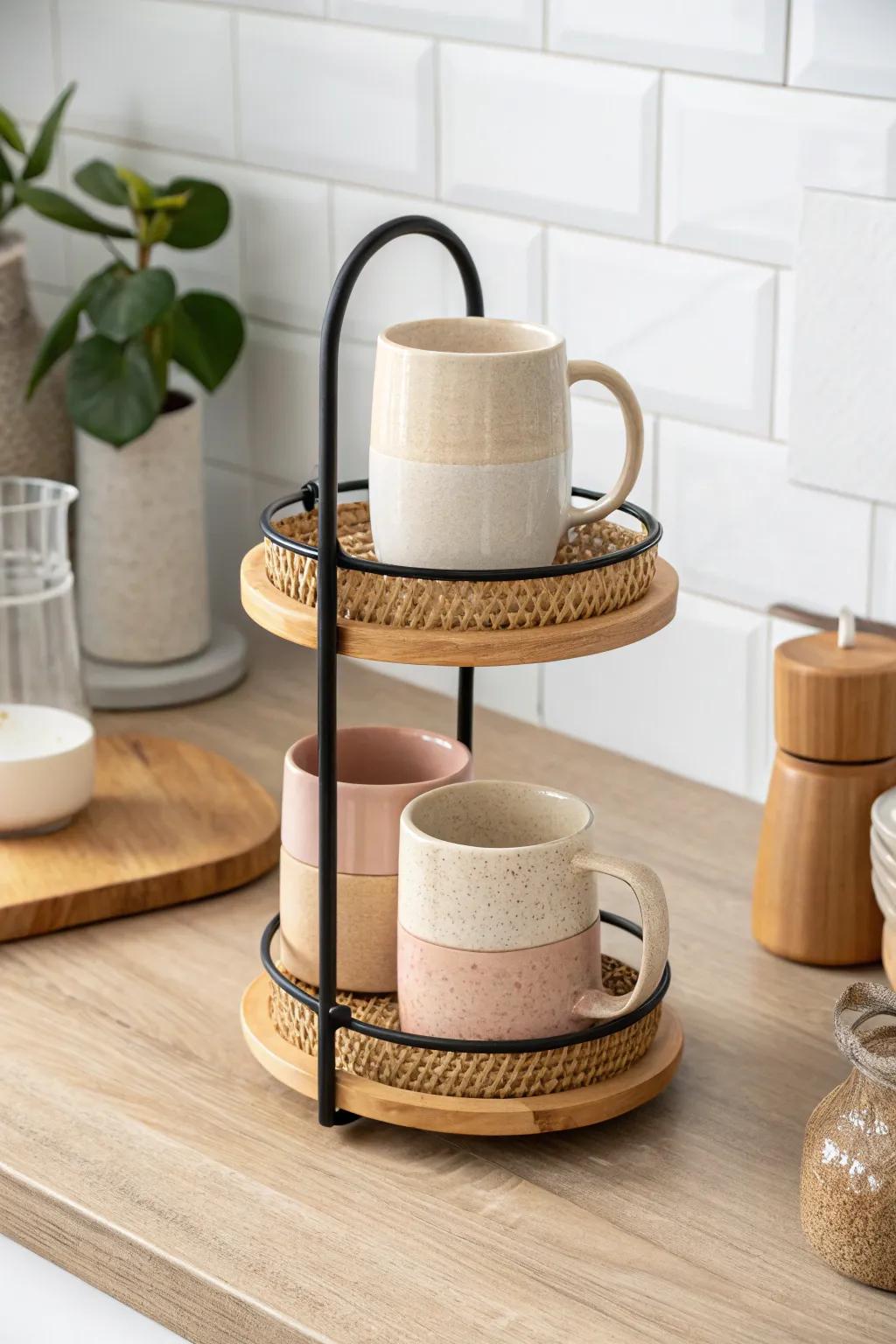 Curate your coffee zone with a tray-and-tier mug stand—pretty, tidy, and small-space friendly.