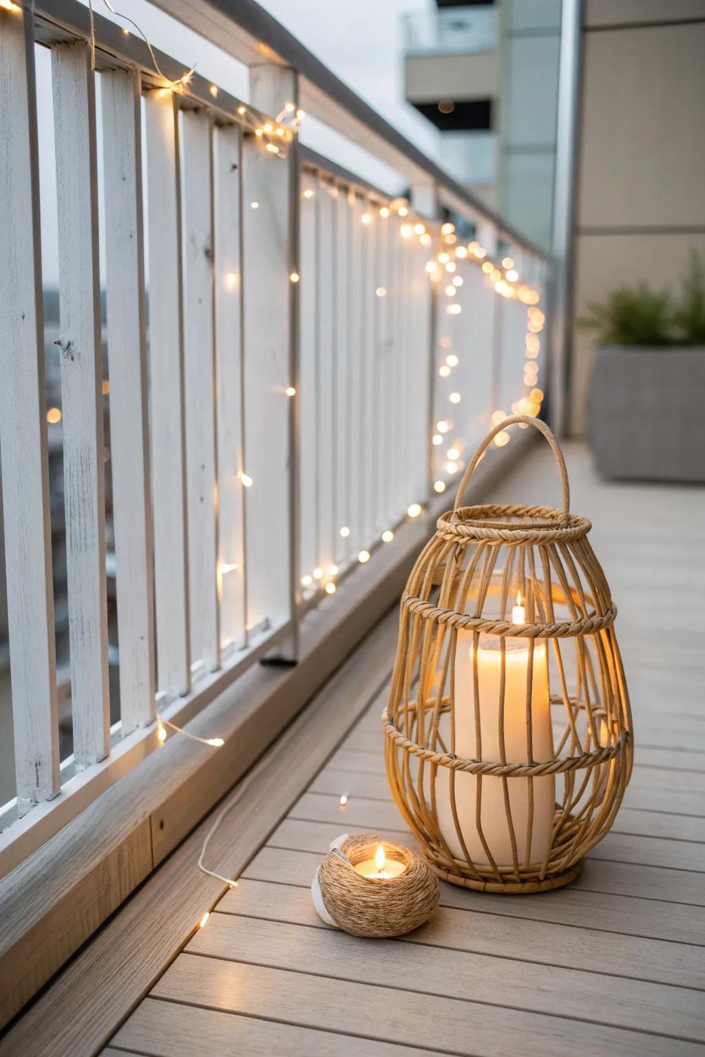 A single woven lantern and edge-hugging string lights make a narrow balcony feel magical.