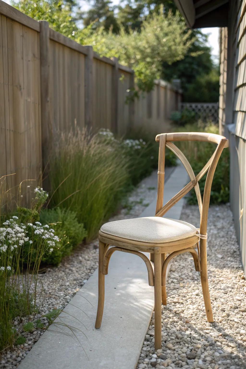Float one bistro chair off the fence—an angled seat makes a narrow garden feel like a nook.