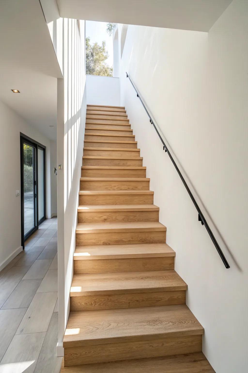 Open-riser stairs let light flow through—perfect for making a narrow stairwell feel airy.
