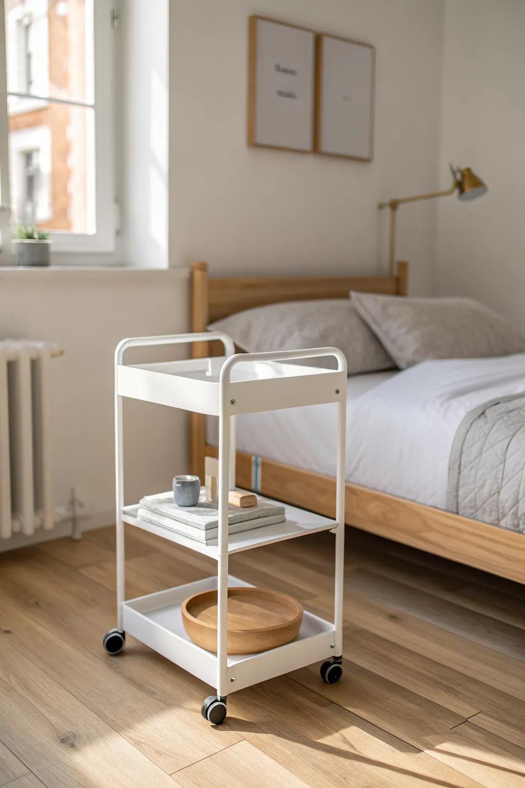 A rolling cart nightstand: chic, movable storage that keeps tiny bedrooms calm and clutter-free.