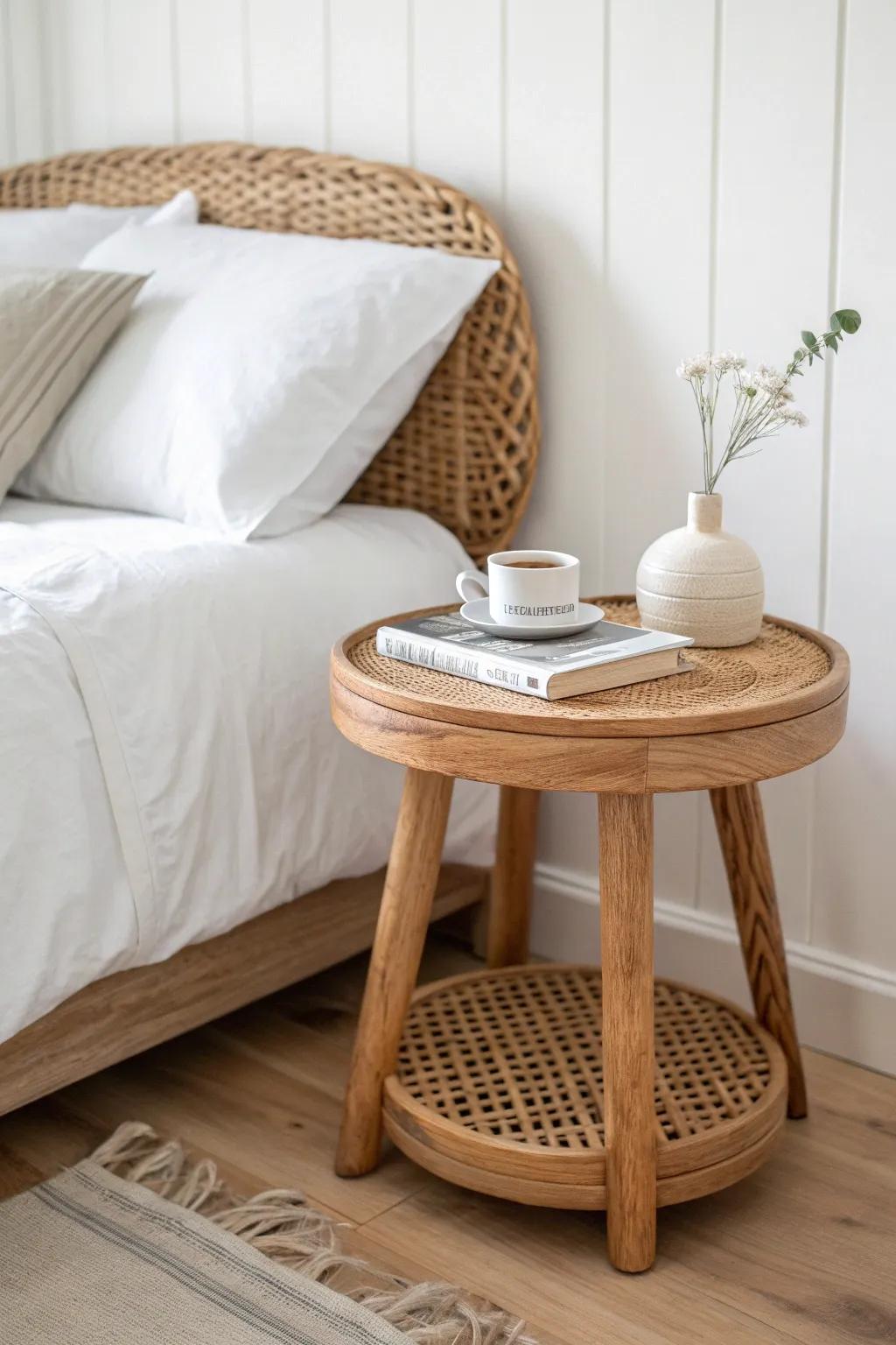 A petite stool nightstand adds charm and function—extra seating and storage for small bedrooms.