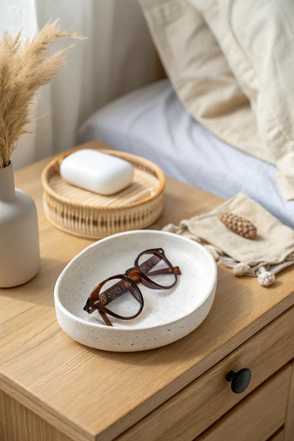A chic catchall keeps glasses + contacts in one spot—no more morning bedside detective work.