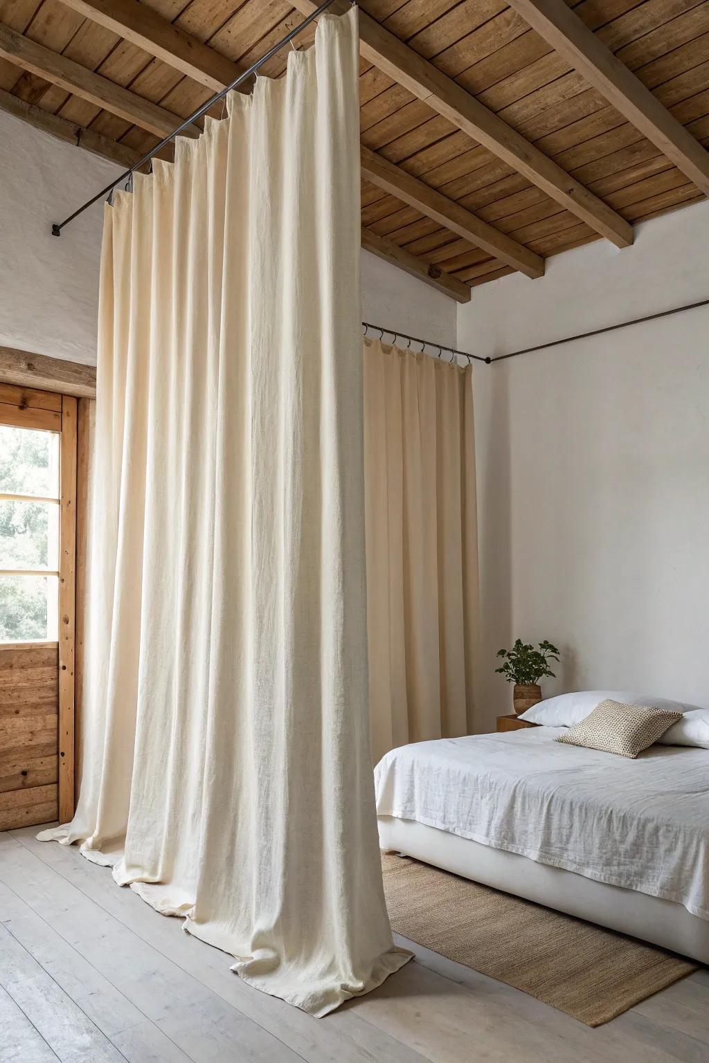 Ceiling-mounted linen curtains create a soft “headboard” vibe for a no-frame mattress.