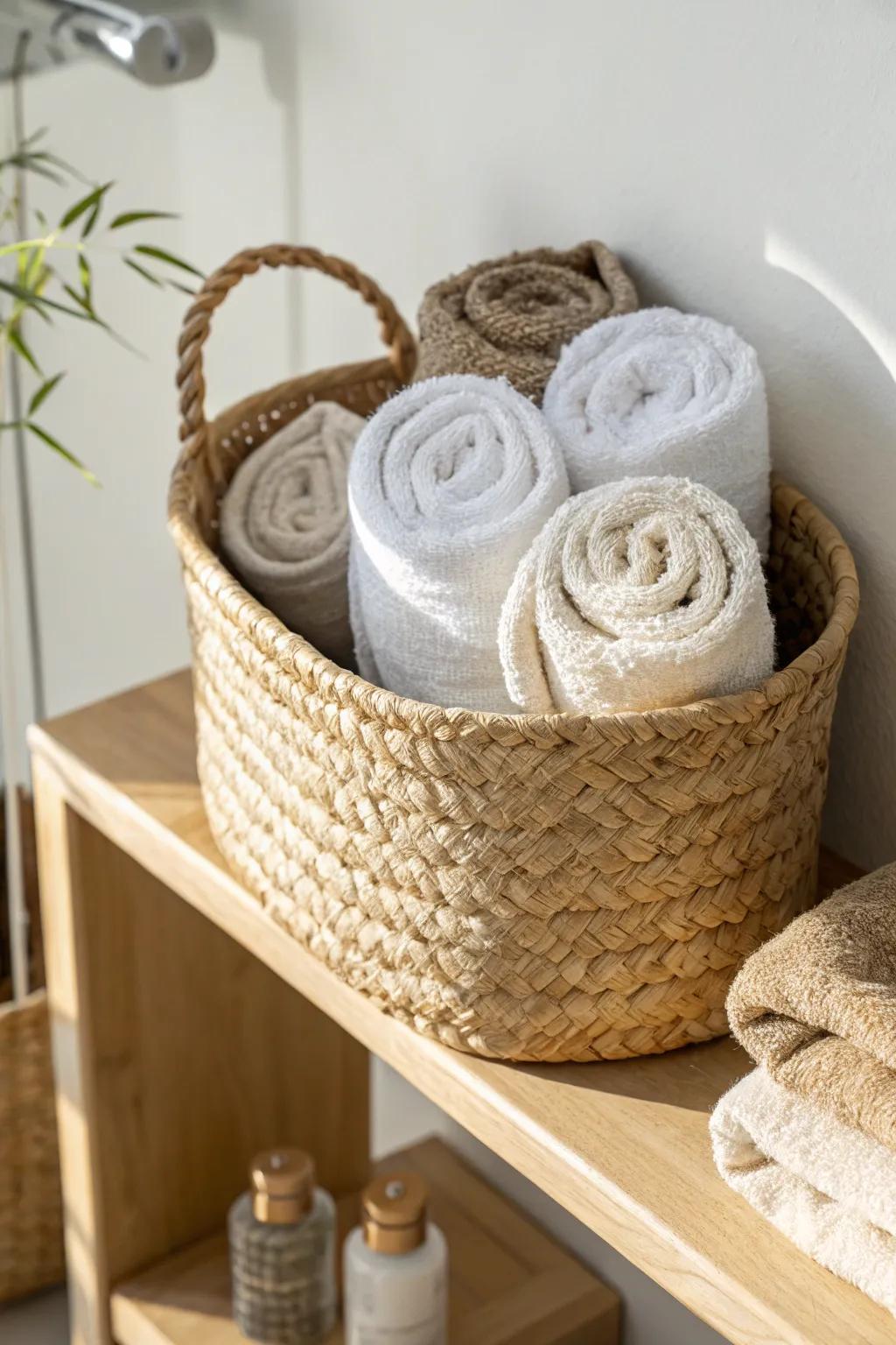 Spa-style rolled towels in a woven basket—pretty, space-saving storage for no-closet homes.