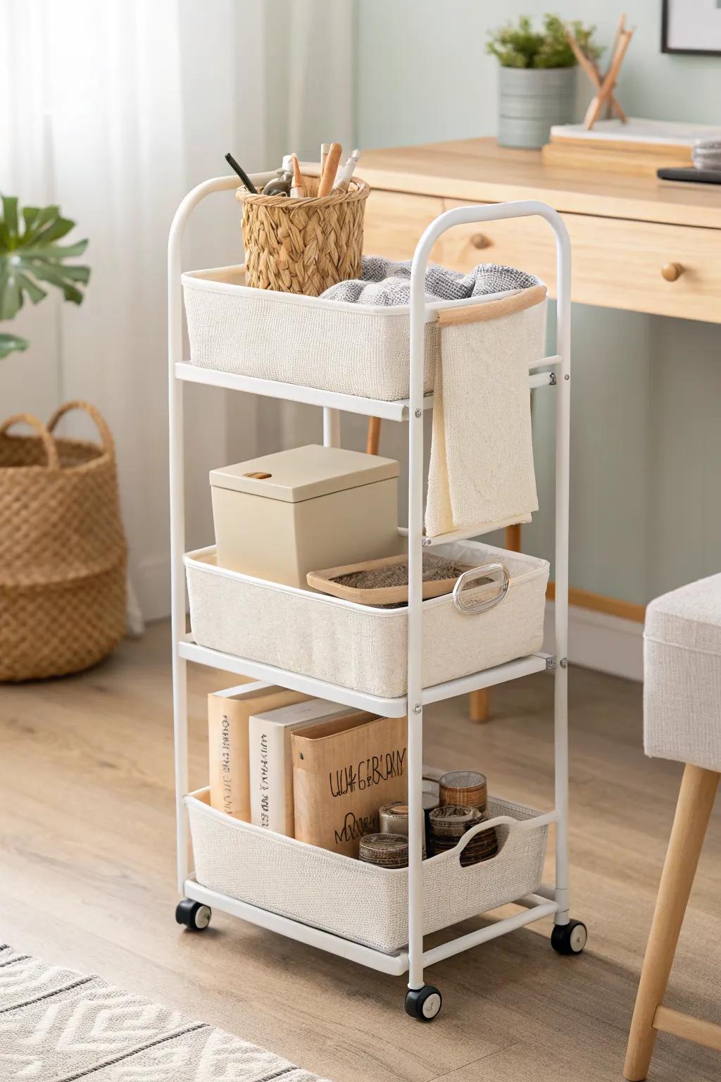 One rolling cart that glides from desk duty to diaper duty—perfect for tiny nursery offices.