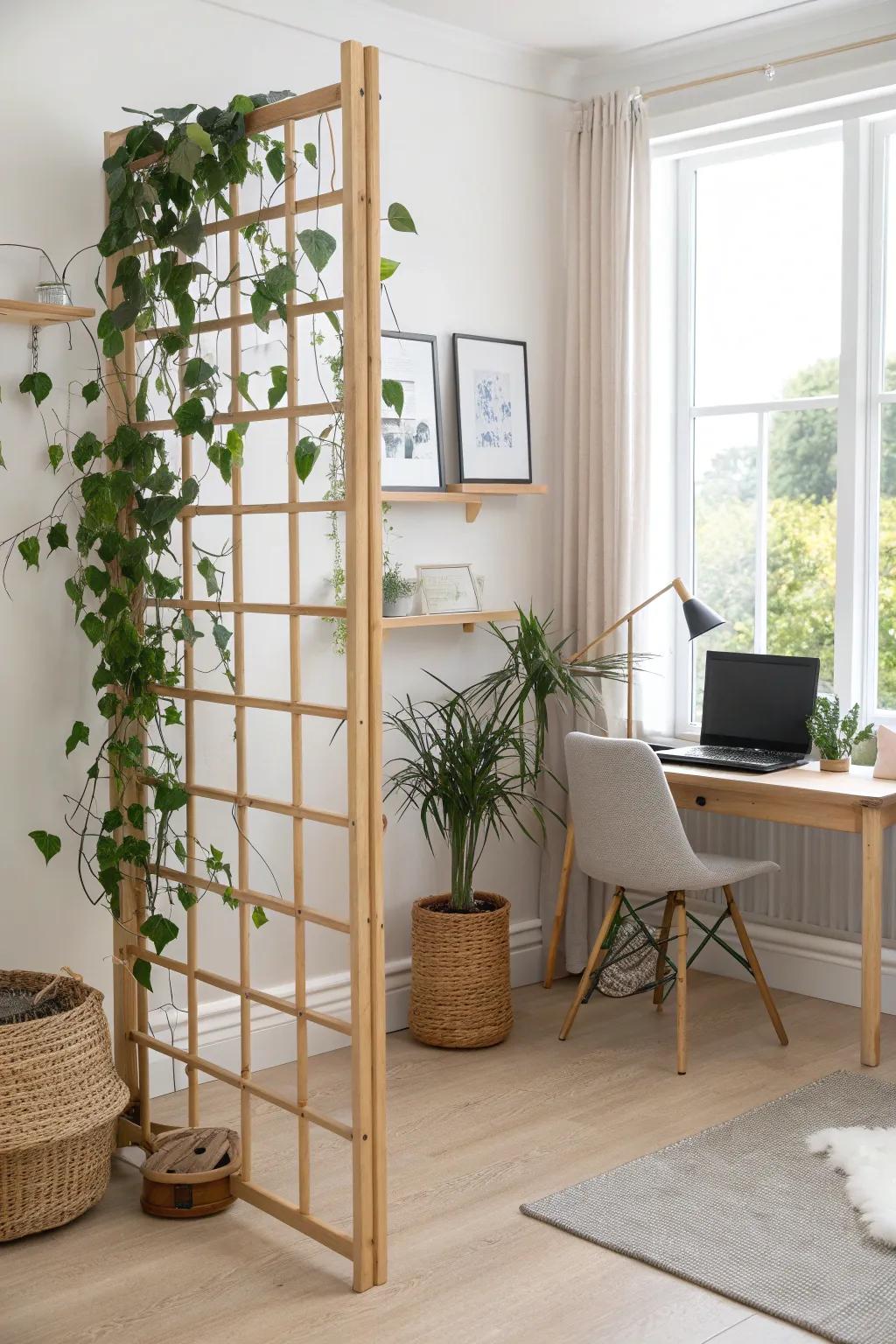 A light oak trellis with climbing vines creates airy, living privacy for a small home office.