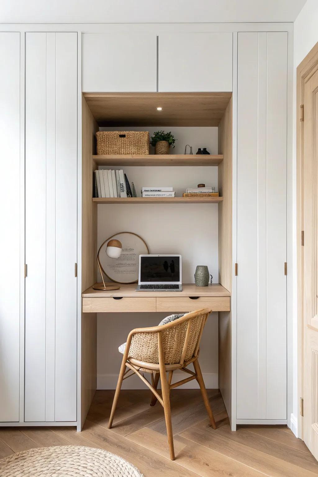 A closet office that disappears—slim built‑in desk with Scandinavian calm and boho warmth.