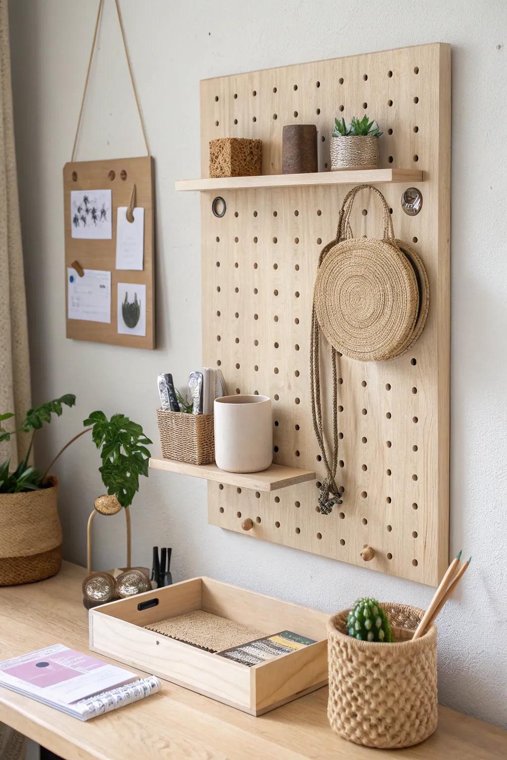 Dual pegboard zones for shared desks—two calm “lanes” for pens, chargers, and notes.