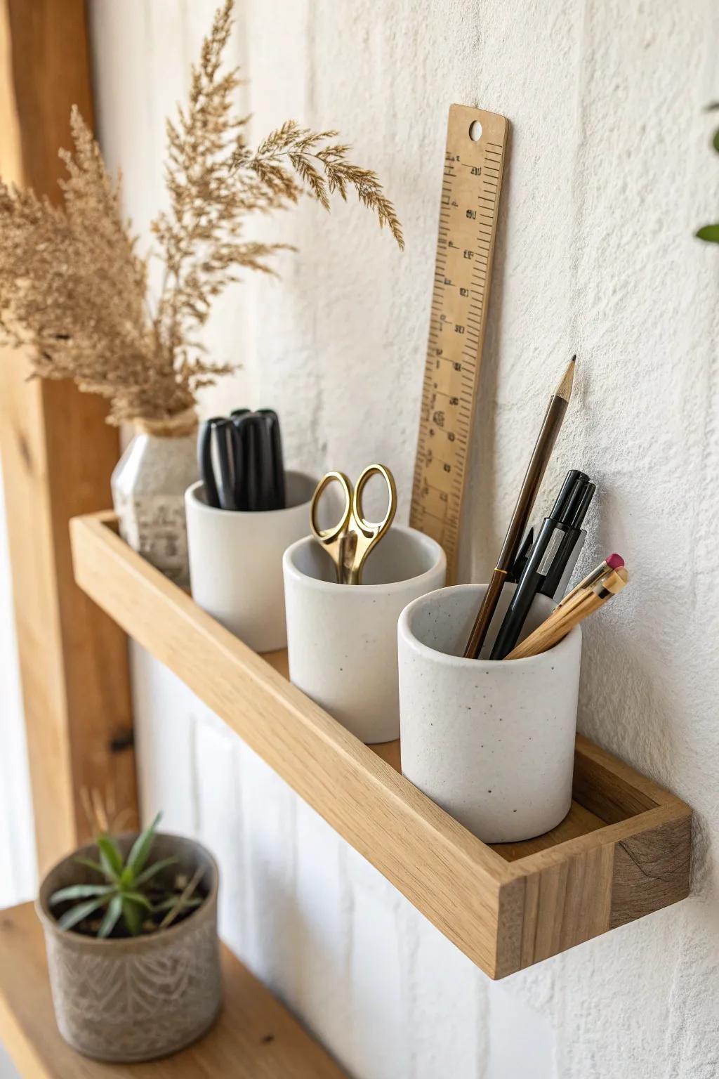 Wall-mounted cups keep pens, rulers, and scissors tidy—smart vertical storage for small desks.