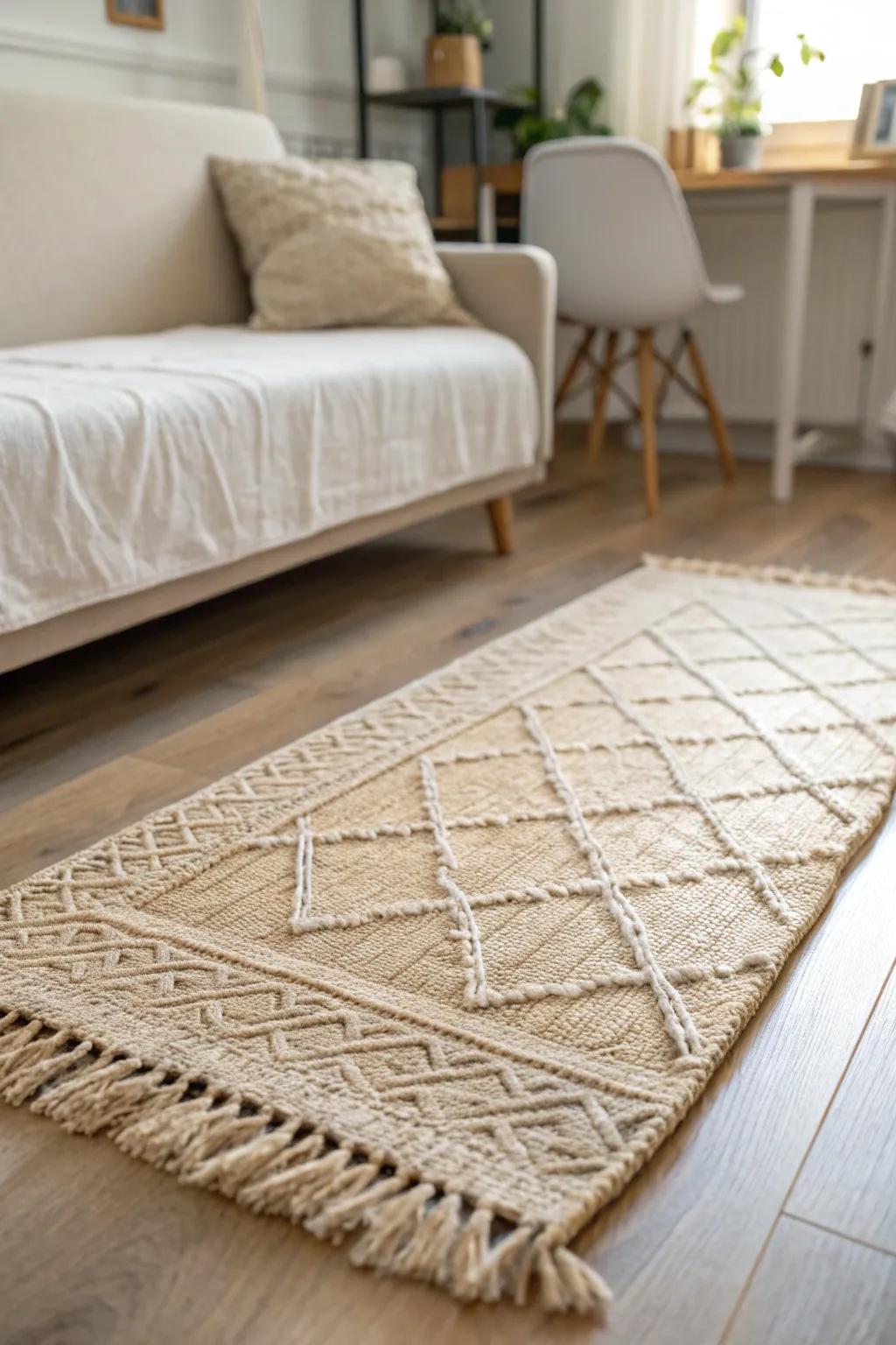 A textured rug under the sofa bed instantly defines a cozy lounge zone in a tiny office.