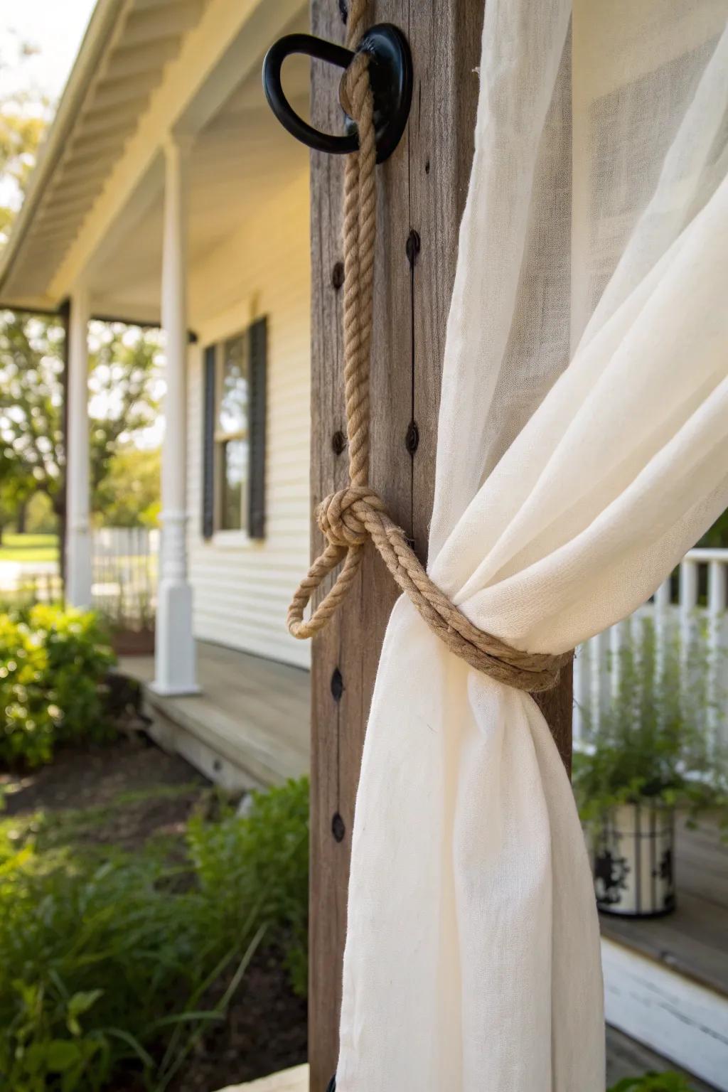 Sheer outdoor curtains add privacy and make a vintage porch feel taller—no construction needed.