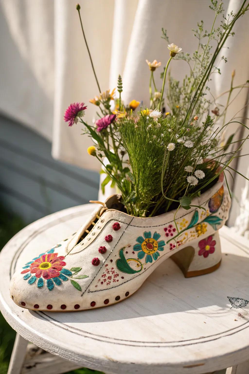 Transform old shoes into whimsical garden treasures, adding a pop of color to your green haven.