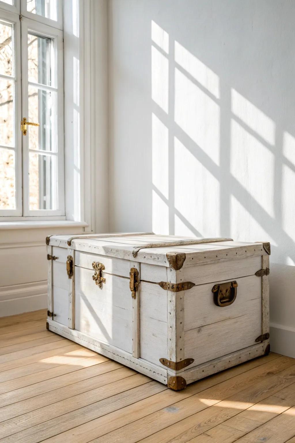 Whitewashed vintage trunk—soft, airy charm with wood grain peeking through for tiny spaces.