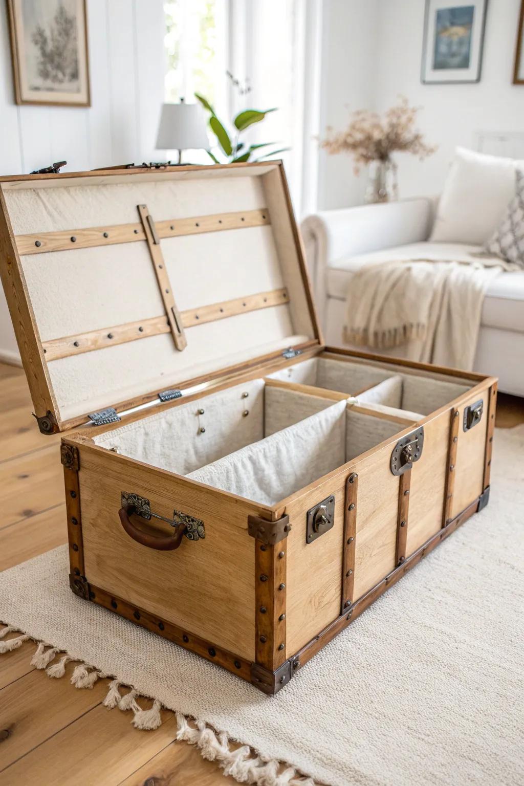Old trunk turned chic toy chest—hidden storage with simple dividers for fast cleanups.
