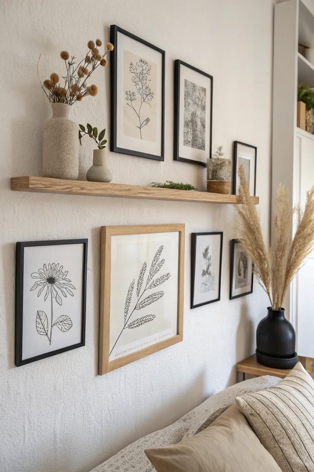 A simple, cohesive gallery wall makes a one-bedroom feel personal—no extra furniture needed.