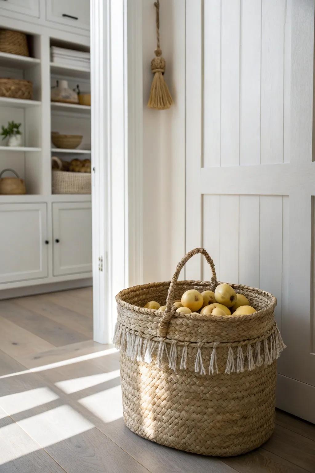 A sturdy woven floor bin keeps bulky pantry staples tidy, low, and easy to grab.