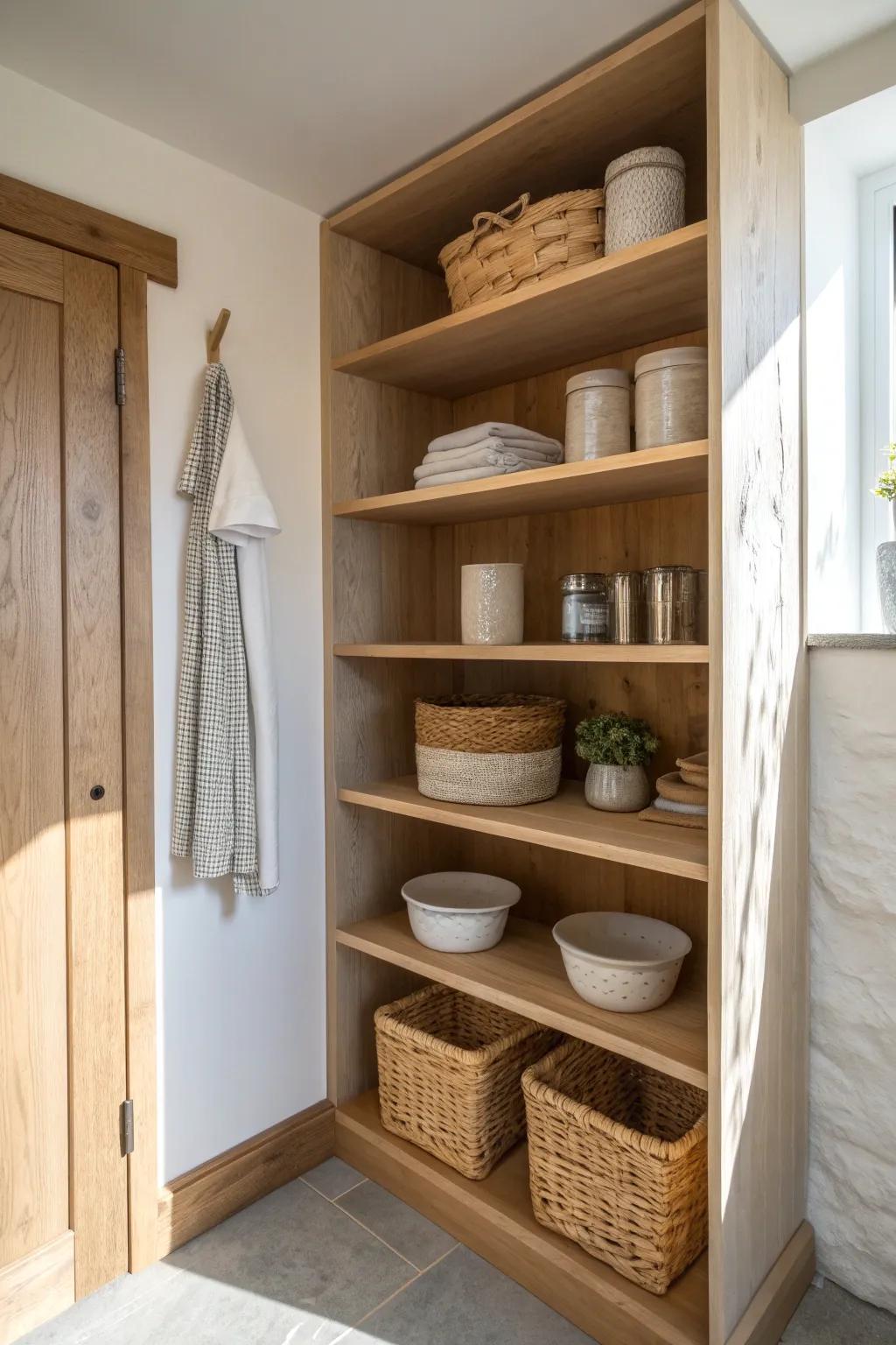 Wraparound L-shaped shelves turn a closet nook into a chic, space-smart open pantry.