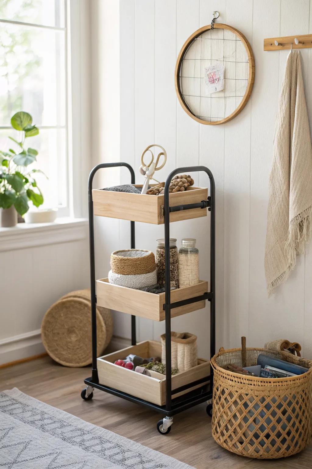 A slim rolling cart keeps your current craft within reach—and your desk beautifully clear.