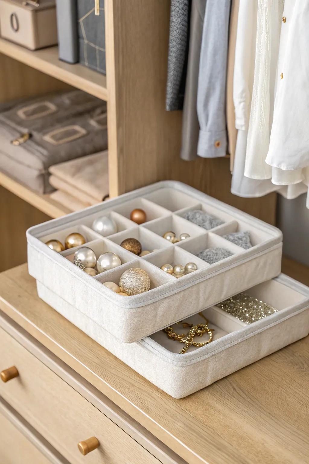 Stack smart: heavy ornaments on bottom, light glass on top to prevent crushing.