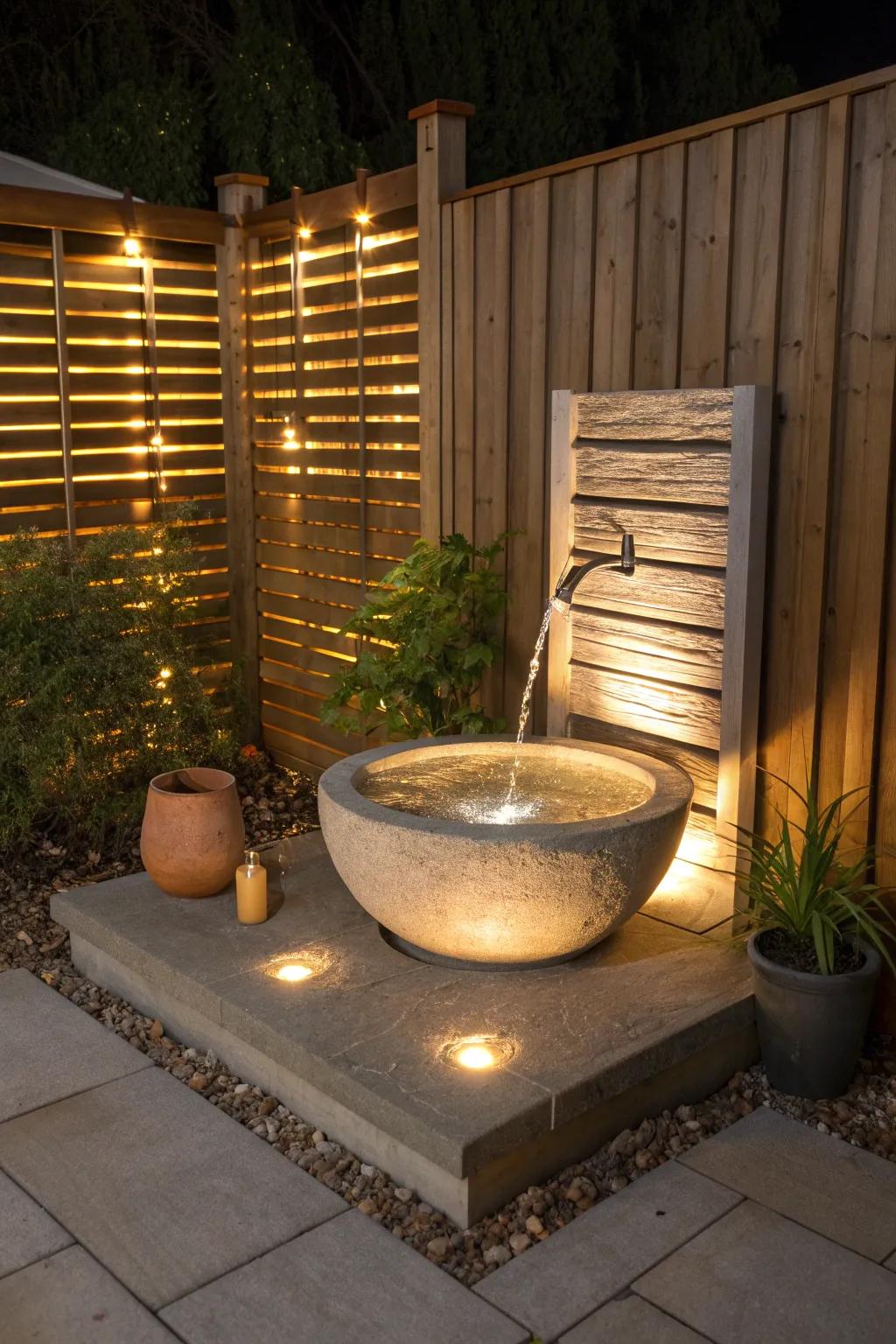 A warm-lit corner fountain that makes small patios feel instantly cozy after dark.