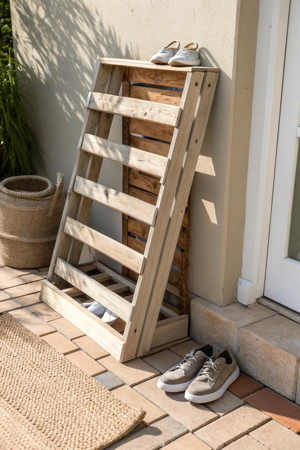 DIY pallet shoe rack: sanded, painted neutral, and perfect for drying patio shoes in style.