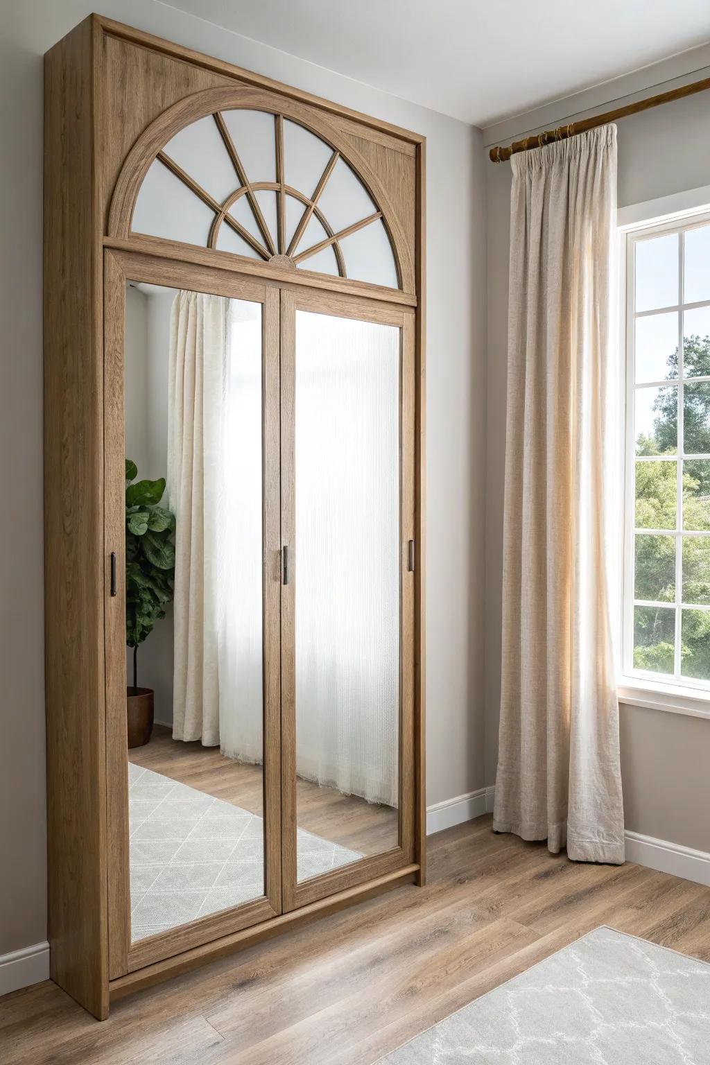 Turn mirrored closet doors into a high-end faux window with a simple arched overlay.