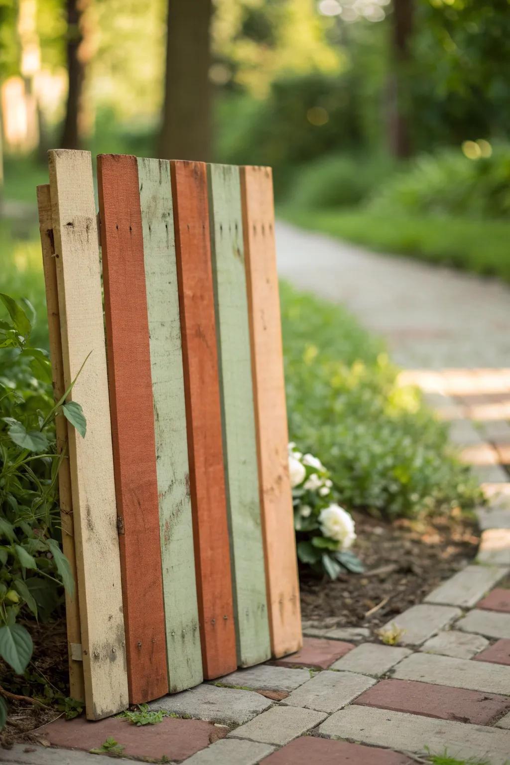 Transform your garden path with earthy-toned pallet edging for a touch of natural beauty and craftsmanship.