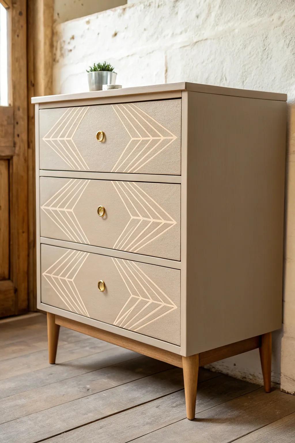 Geometric stencil texture on just two drawers—adds detail without clutter for small spaces.