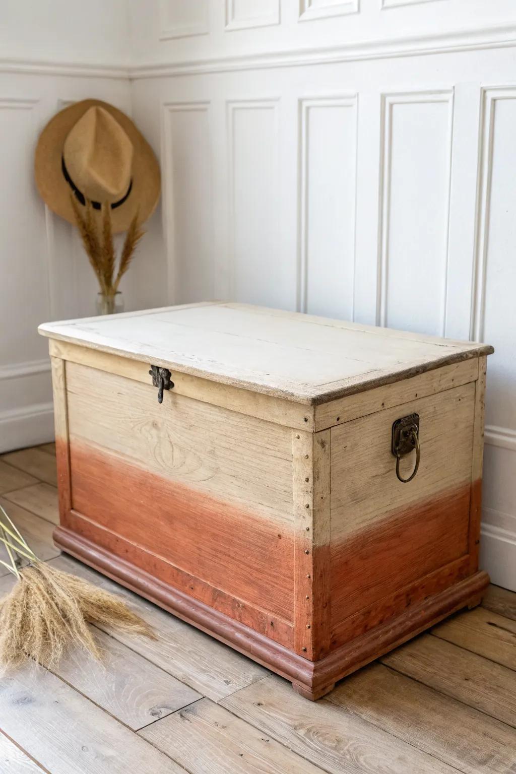 Ombre-painted trunk: light on top, rich at the base—perfect for small-space warmth and contrast.