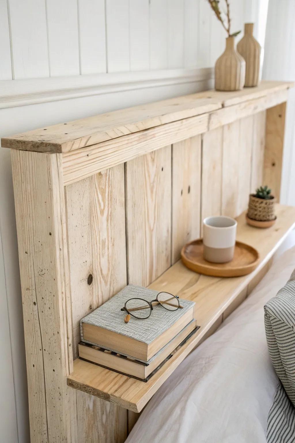 A slim pallet headboard shelf keeps your book and glasses close—no nightstand needed.