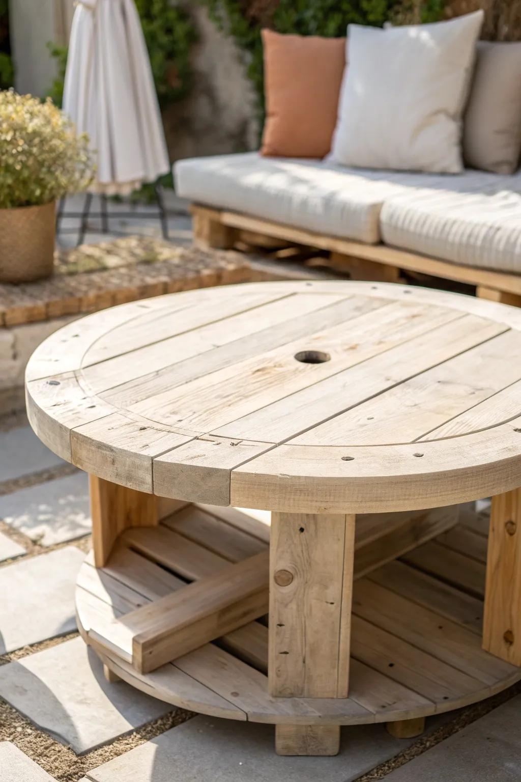 A smooth pallet patio table with a centered umbrella hole—shade-ready and barefoot-friendly.