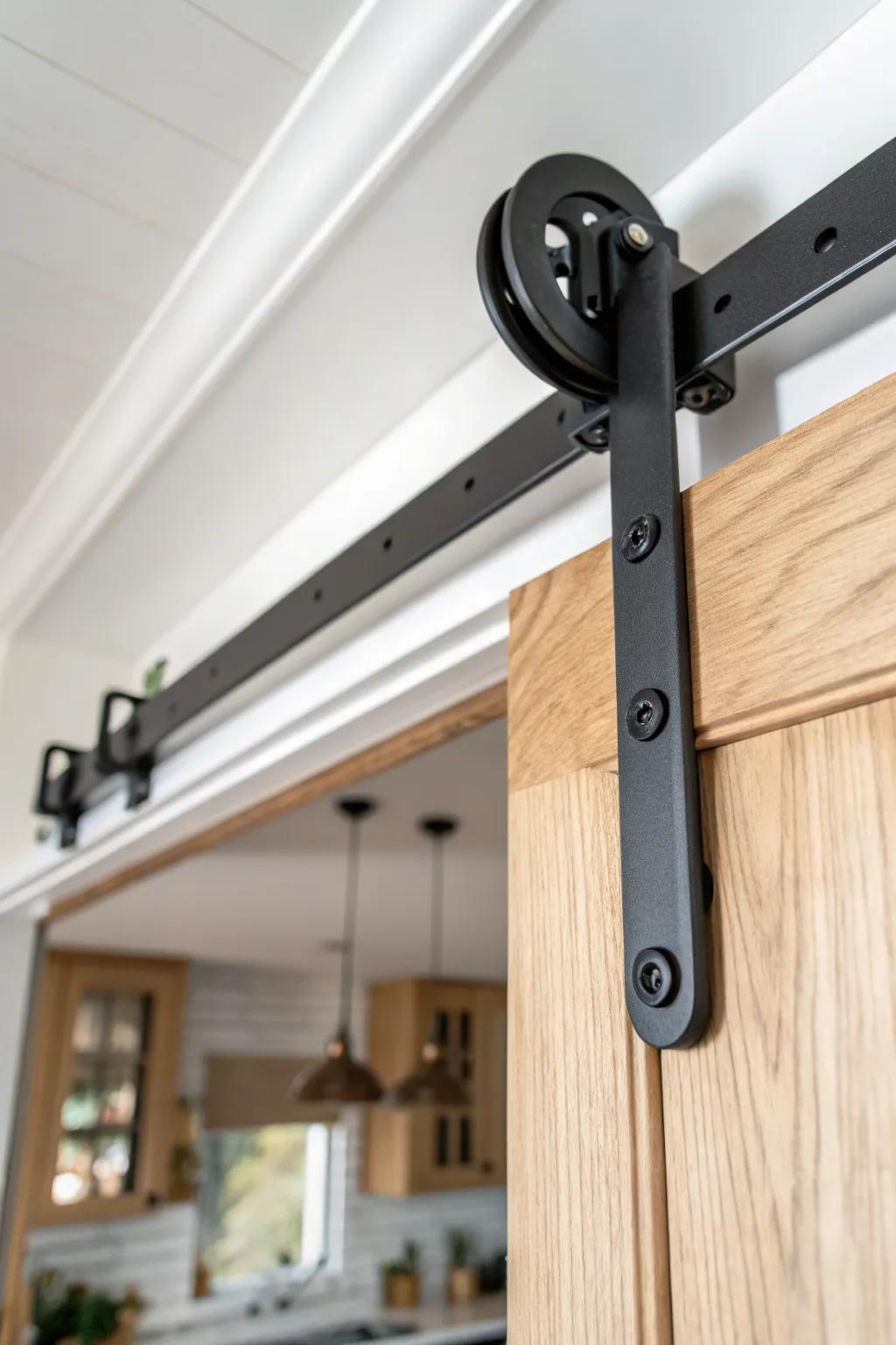 Ceiling-mounted barn door track: the neat solution when pantry walls are too tight.